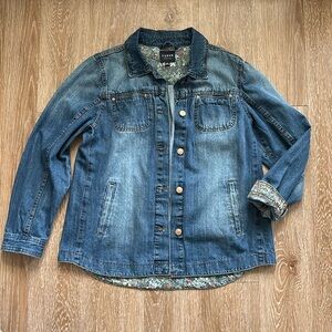 Curve Appeal medium wash denim shirt jacket, floral trim, medium